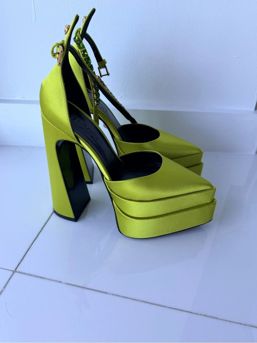 Versace Chartreuse Satin Platform Slingback Heels